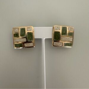 Vintage Italian Cloissoné Mosaic Square Clip-on Earrings in Gold, Green, Ivory